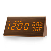 JALL digital alarm clock with wooden display for easy time reading at night.