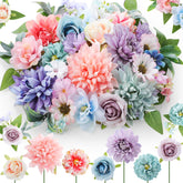Janinka fake flower heads in blue, purple, pink with long stems for DIY arrangements.