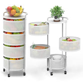 JAQ no-assembly rotating storage cart with four tiers in white for instant organization.