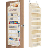 Jarlink beige over-the-door organizer hanging on a bedroom door for tidy storage.