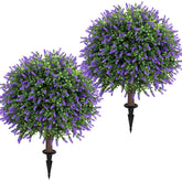 Jasmpig artificial lavender ball tree with ground spike for easy outdoor placement.