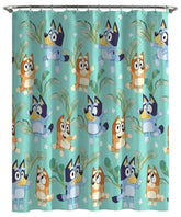 Jay Franco Bluey and Bingo shower curtain teal front view brightens kids bathroom decor.