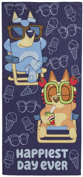 Jay Franco Bluey & Bingo towel on the beach, soft cotton terry.