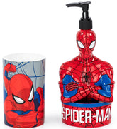 Jay Franco Spiderman soap dispenser in red and blue for kid-friendly bathrooms