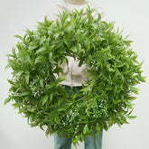 JDKPK 26-inch boxwoods wreath on front door for welcoming curb appeal.