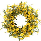 J'FLORU artificial spring wreath with yellow daisies on grapevine for front door decor.