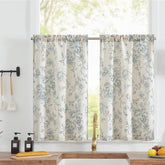Jinchan floral linen tier curtains with blue flowers on beige fabric for cozy kitchen privacy.