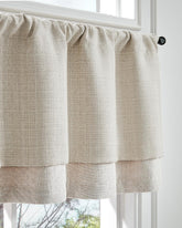 Jinchan valance curtain beige-heathered close-up weave adds subtle texture to a window.