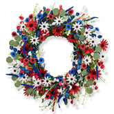 JINGHONG 22-inch patriotic wreath for front door with red white blue blooms.