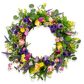 JINGHONG artificial spring wreath front door close-up showcases vibrant tulips and daisies for curb appeal.
