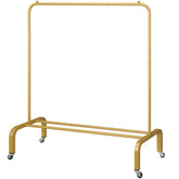 JIUYOTREE metal clothing rack with wheels, front view, ideal for flexible room wardrobe setups.