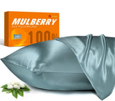 J JIMOO silk pillowcase in airy blue, close-up texture for smooth skin and reduced friction.