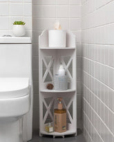 J Jinxiamu corner shelf stand front view showing tidy three-tier storage