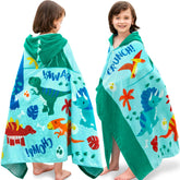 Joiedomi dinosaur hooded towel for kids at the beach, quick-drying and playful.