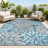 Jonathan Y Floral Textured Weave rug pattern closeup shows bold navy and aqua blooms.