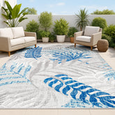 JONATHAN Y Tropics palm leaves rug 5x8 in gray-blue, ideal for outdoor spaces and easy cleaning.