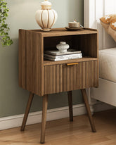 JOONEE nightstand front view in walnut brown showing accessible storage for essentials.