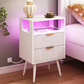 JOONEE white nightstand with charging station and LED lighting for convenient device charging.