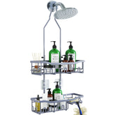 Joqixon shower caddy over showerhead keeps shampoos within easy reach.