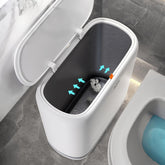 JOYBOS push-lid bathroom trash can showing one-handed use and wall adsorption.