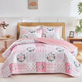 Joyreap floral patchwork quilt queen top view shows pink blooms.