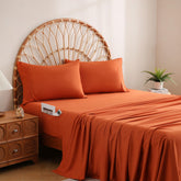 JSD Burnt Orange Queen Sheet Set flat lay showing soft microfiber fabric