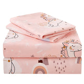 JSD Pink Unicorn sheet set flat lay with rainbow pattern for cozy kid sleep