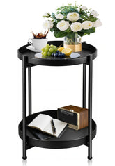 JuheBoxia foldable two-tier round side table top view showing drinks and decor