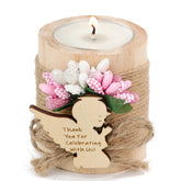 Ju's Favors wooden tealight holders showcase handcrafted charm for baptism centerpieces.