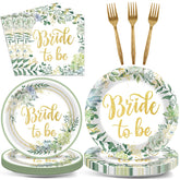 Justforjoyful sage green bride-to-be plates for an elegant wedding shower.