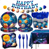 JVORFDG outer-space tablecloth creates a stellar backdrop for a 24-guest party.