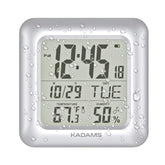 KADAMS bathroom clock with 9.5 inch LCD screen for easy viewing in steam-filled spaces.