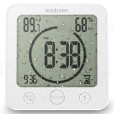 Kadams shower clock with digital display shows time and countdown for bathroom routines.