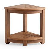 KaimuBench corner shower stool with wood-look plastic for inside-shower seating.
