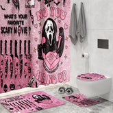 KAIRA pink horror curtain featuring ghosts and bats for spooky bathroom style