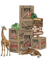 KARAQY jungle safari boxes create a rustic backdrop for a playful party.