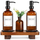 Kasunting amber glass soap dispenser with pump enhances kitchen elegance.