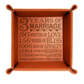 Kate Posh 3-year marriage engraved leather catchall tray keeps essentials organized.
