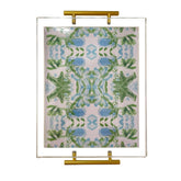 Katie Romeo Designs acrylic tray with watercolor greens and blues for centerpiece display.