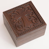 KATINAT hand carved cross keepsake box with ornate relief ideal for rosaries and sacred keepsakes.