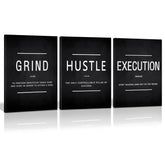 KAWAHONE Grind Hustle three-panel canvas for a motivating living room.