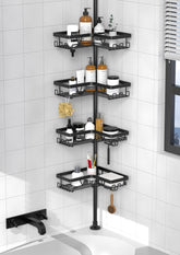 KEGII corner shower caddy tension pole in a compact bathroom, space-saving design.