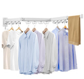 Kelisiting wall-mounted drying rack fully extended to maximize space for large laundry loads.