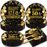 Kepeel 50th birthday dinner plates with black gold design for an elegant table setting.