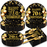 Kepeel 70th birthday dinner plates (9-inch) in black and gold, ideal for elegant, easy cleanup.