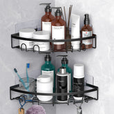 Kerisgo corner shower caddy 2-pack mounted with adhesive keeps bottles neatly organized.