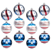 KI Store large patriotic ball ornaments in blue red white for indoor or outdoor displays.