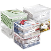 Kikerike plastic storage bags show clear zip; quick visibility for organized closet.