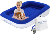 King Koil luxury toddler inflatable bed in blue with pump for quick travel setup.