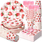 Kinovo Berry First Birthday 9in plate enhances table decor with bright strawberry motifs.